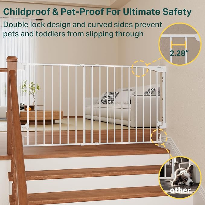 Cumbor 35.1-55" Wide No Bottom Bar Baby Gate for Stairs, 2-in-1 Auto Close Dog Gate Indoor, Hardware Mounted Pet Gate for Doorways with Large Walk Thru Door, Child-Proof Safety Gate for Kids (White)