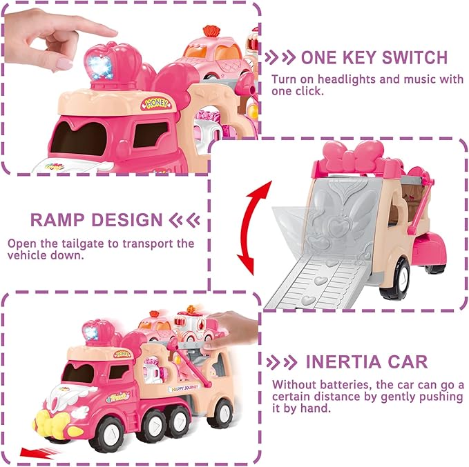 9 in 1 Carrier Truck Cars Toys - Pink Princess Girl Car with Light and Sound - Toddler Toys Age 1-4