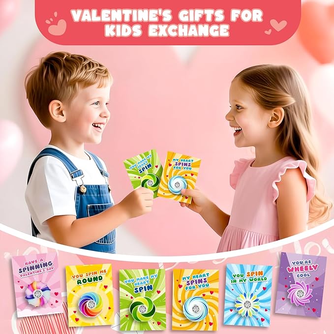 SpringFlower Valentines Day Cards For Kids Classroom With Fidget Sensory Spinner Toys For Valentines Party Favors Supply, Classroom Gift Exchange For Kids Classmates Gift Cards Prizes, 24 Pack