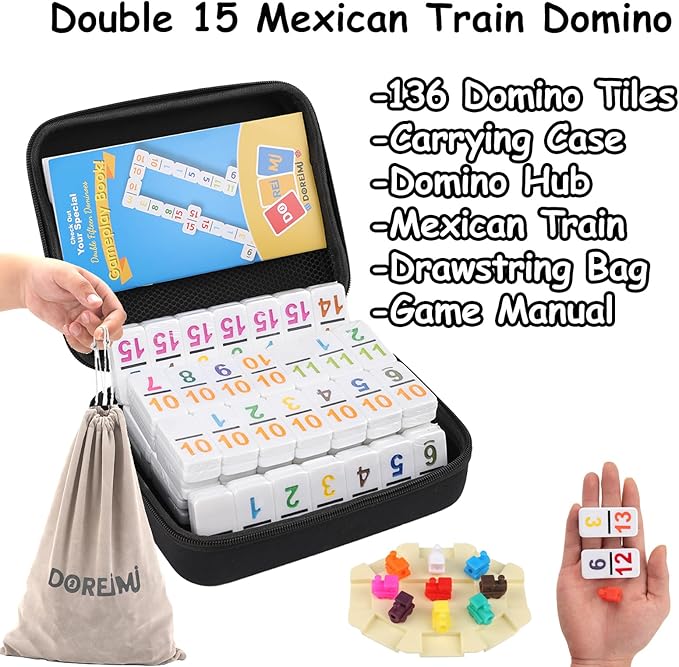 Mexican Train Dominoes Double 15 Set, 136 Colored Number Tiles with Lightweight EVA Case, Family and Adult Strategy Board Game for Travel