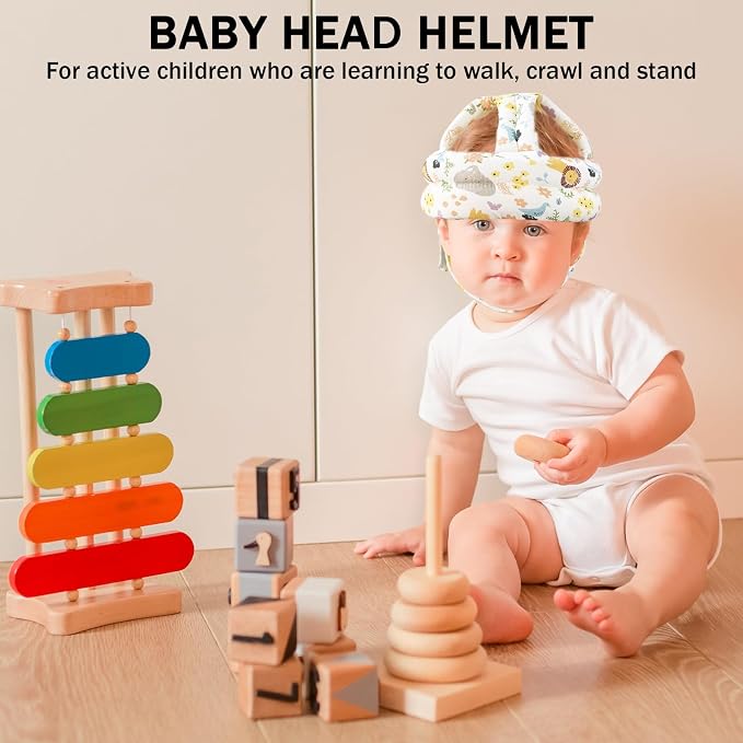 Baby Head Protector Baby Helmet for Crawling Walking, No Bumps Safety Head Adjustable Protective Cap for Walking, Playing - White Animal Flower