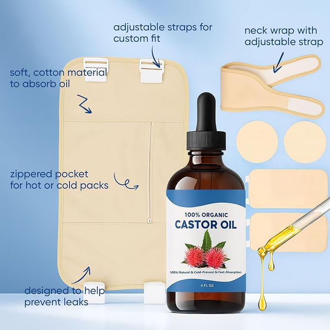 Tavio Castor Oil Pack, Castor Oil Liver Wellness Pack Wrap Kit, Organic Cotton Reusable Pads Kit for Hot/Cold Compress, Muscle Relaxation & Detox (1)