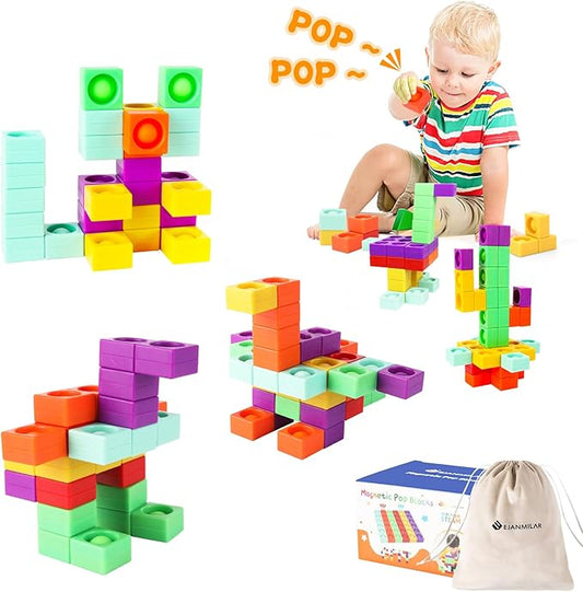 Unique Magnetic Blocks, Silicone Pop Building Blocks Fidget Toy, 1.38 Large Strong Magnetic Cubes, Preschool STEM Sensory Montessori Toys for Kids Toddlers Ages 3 4 5 6 7 8