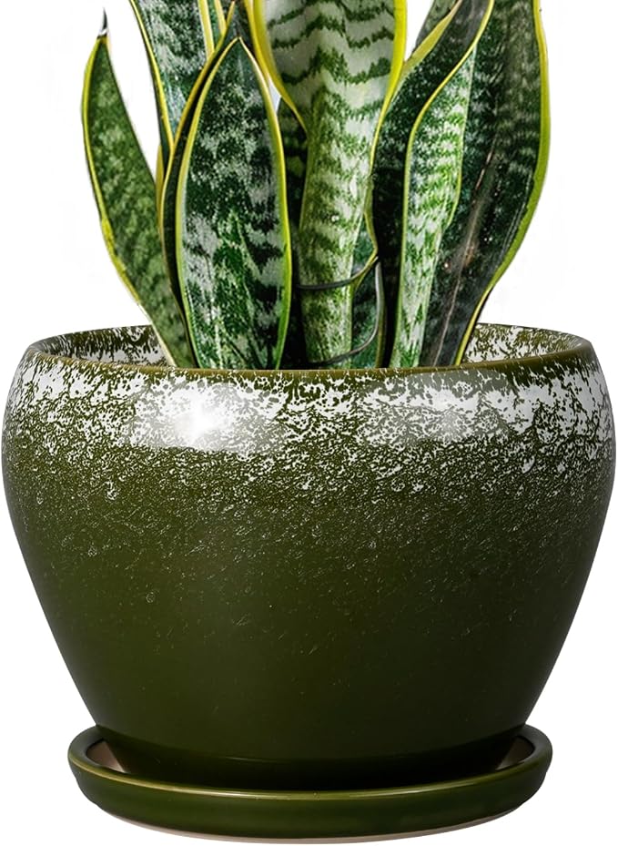 Ceramicfor 8 Inch Plant Pot - Ceramic Planter with Drainage Hole and Saucer, Modern Flower Pot for Glazed Indoor Plants Outdoor, Dark Green