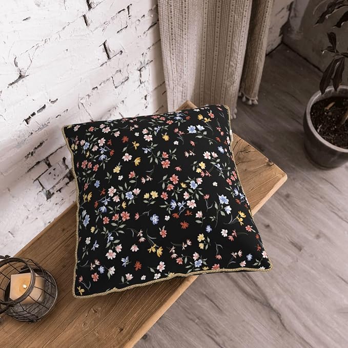 Black Floral Velvet Pillow Covers 16x16 Inch Vintage Colorful Wildflower Throw Pillows For Couch Farmhouse Cushion Covers Pillowcase Spring Summer Plant Pillow Cases For Sofa Bed Outdoor Decor