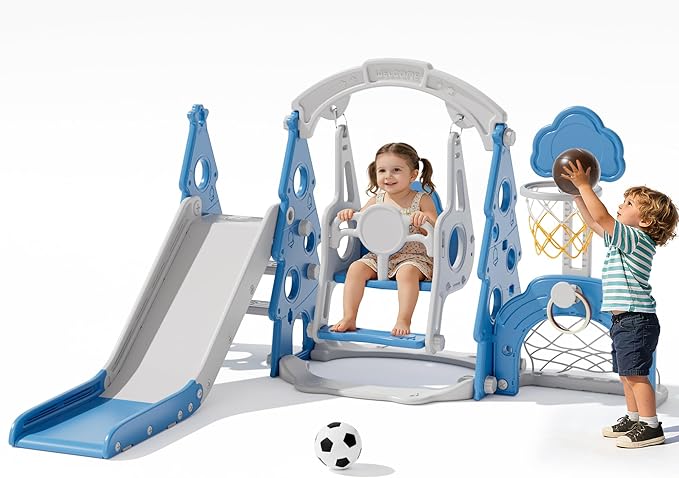 KORIMEFA 6-in-1 Kids Slide and Swing Set, Toddler Slide with Basketball Hoop, Swing, Outdoor Indoor Playground for Toddlers 1-3 Pine Shape Design(6 in1-Blue)