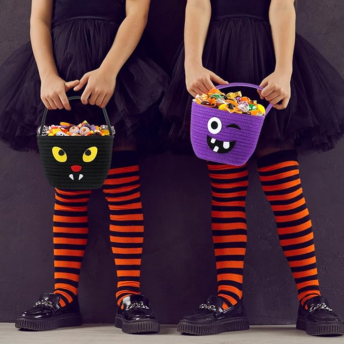 Halloween Trick or Treat Basket with Handle Cute Bucket Cotton Rope Woven Candy Bag Pumpkin Witch Cat Pig Storage Basket for Halloween Party Favor(black,Cat)