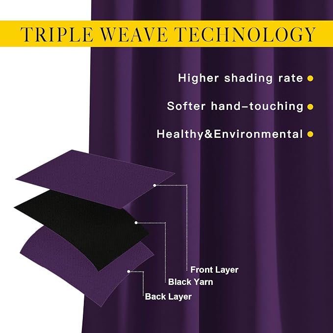 NICETOWN 72 inches Bedroom Curtains Panels - Functional Blackout Curtains/Panels for Bedroom, Thermal Insulated, Privacy Assured (Set of 2, 52 x 72 inches in Royal Purple)