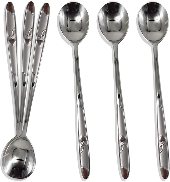Korean Style Soup Spoon - 8.5 inch Premium Stainless Steel Dessert & Dinner Spoons (6 Pcs, Made in Korea)