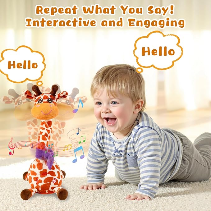 MIAODAM Dancing Giraffe Singing 10 Children's Song, Stuffed Baby Toy Repeats What You Say, Colorful Glowing Plush Interactive Toys (Giraffe-Style 2)