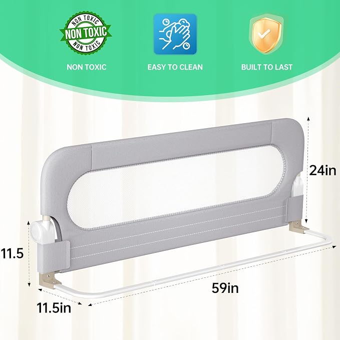 UPGOGO Folding Bed Rail for Toddlers,Baby Bed Rail Guard with Reinforced Anchor Safety System,Fit Bunk,Full Size,Queen,King,Twin(Grey,59"x23.6")