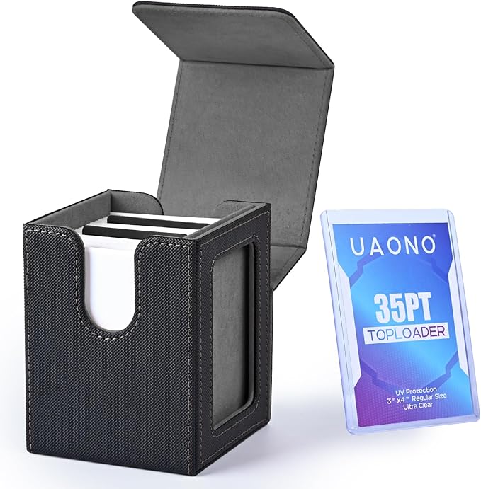 UAONO Card Deck Box with MTG Commander Display, Deck Case Holds 100+ Double-Sleeved Cards, Trading Card Storage Box Fits TCG/PTCG/Sports Card with 2 Dividers, 1 Top Loaders (Black)