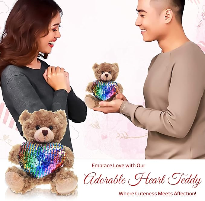 Plush Stuffed Animal Mocha Heart Bear – Love You Bears- Toy for Kids & Adults Valentine's Day - Embroidered Heart Pillow (6 Inch, Colorful Heart)