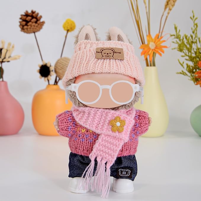 Knit 17cm Doll Clothes Accessories Set Include: 1 Hat, 1 Sweater, 1 Pants, 1 Scarf, 1 Glasses and 1 Shoes for Dress up Your Dolls (Doll Not Included), Knit #3