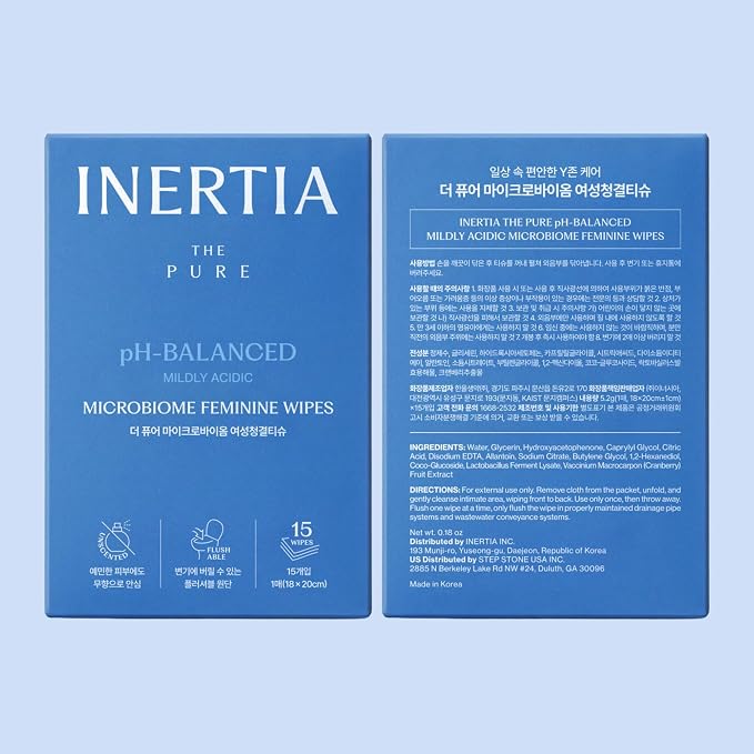 INERTIA Feminine Wipes - Flushable Intimate Wipes, pH-Balanced Microbiome Formula for Women, Biodegradable, Sensitive Skin, Individually Wrapped, 15 Count