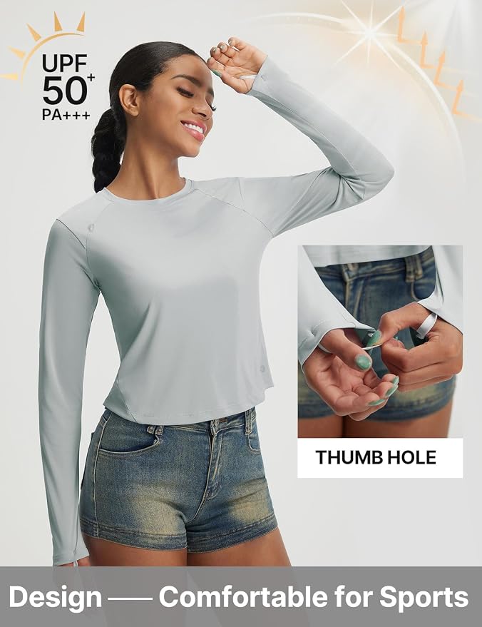 baleaf Women's UPF 50+ Long Sleeve Sun Shirts Crop Rash Guard UV Workout Tops SPF Slim Fit Lightweight Athletic Hiking