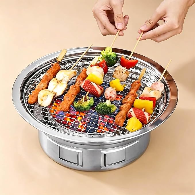 Portable Korean Style Stainless-Steel Barbecue Grill, Charcoal BBQ Round Grill Stove for Outdoor Camping, Picnicking & Parties 1~4 People, 13.8" DIA