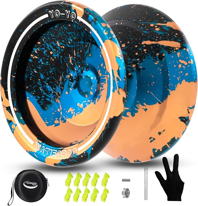 WATIEOBOO Yoyo Responsive Yoyo for Kids 8-12,Professional Unresponsive Yoyo for Adults Pro Metal Trick Yoyo with Yo Yo Bearing Kit 10 Strings, Case & Gloves (Black Blue Orange)