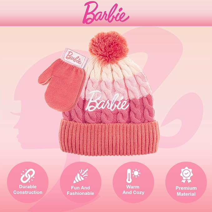 Barbie Girls Winter Hat with Gloves for Ages 5-13 Years – Ultra Soft Pink Beanie Winter Hat for Outdoors