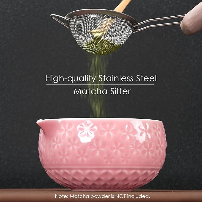 7Pcs Matcha Whisk Set, Matcha Set Whisk and Bowl,Bamboo Scoop, Scoop Rest, Sifter and Tea Towel, Matcha Kit W/Carved Cherry Blossm Pattern for Matcha Lovers (Sakura Pink)