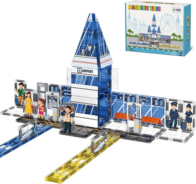 Magnetic Tiles, 54PCS Airport Theme Building Blocks Set, Magnet Building Blocks and STEM Preschool Educational Toys for Kids Toddlers Ages 3-5 5-7 8-10