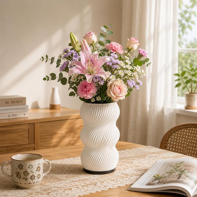 White Vase for Flowers - Small Unique Vase with Lighting 16 Colors for Centerpieces, Modern Vases for Home Decor, Living Room, Bedroom (USB Plug in Corded)