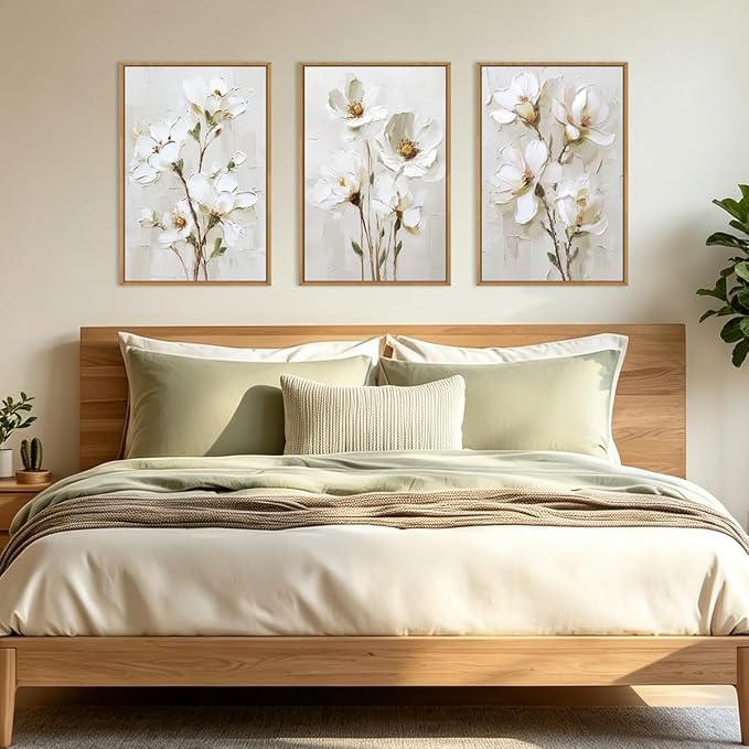 FWIEXA 3D Beige White Floral Canvas Wall Art Set 3,Texture Neutral Flower Framed Prints,Modern Abstract Aesthetic Botanical Paintings,24x36In Watercolor Minimalist Magnolia Artwork for Living Room,Bedroom,Office