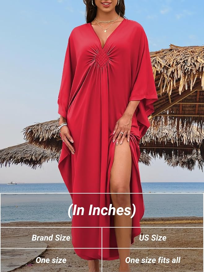 ChiaoLezhee Print Moo-Moos for Women, Kaftan Cover-Up Dresses, Sexy V-Neck High-Slit, Beach Pool-Party Coverups Muumuu Plus