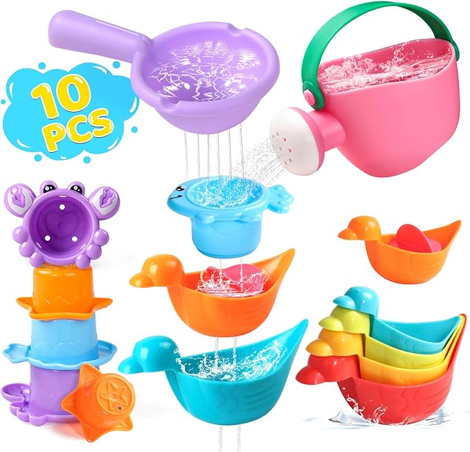 Toddler Bath Toys for Kids Ages 1-3 10 PCS Baby Bath Toys Mold Free with Multi Color & Shape Stacking Cups Bathtub Sand Pool Water Toys for 1 2 3 4 5 6 Birthday Gifts