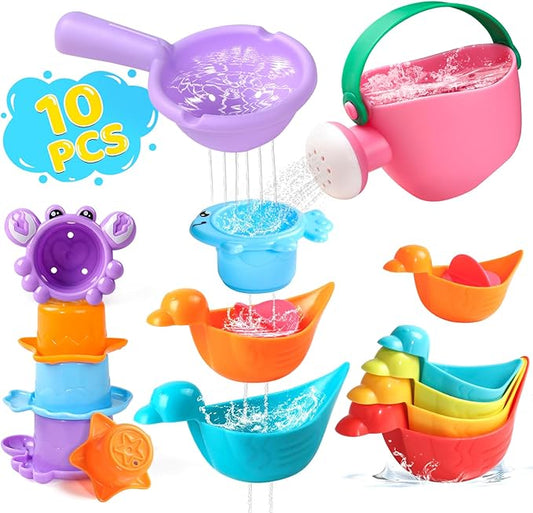 Toddler Bath Toys for Kids Ages 1-3 10 PCS Baby Bath Toys Mold Free with Multi Color & Shape Stacking Cups Bathtub Sand Pool Water Toys for 1 2 3 4 5 6 Birthday Gifts