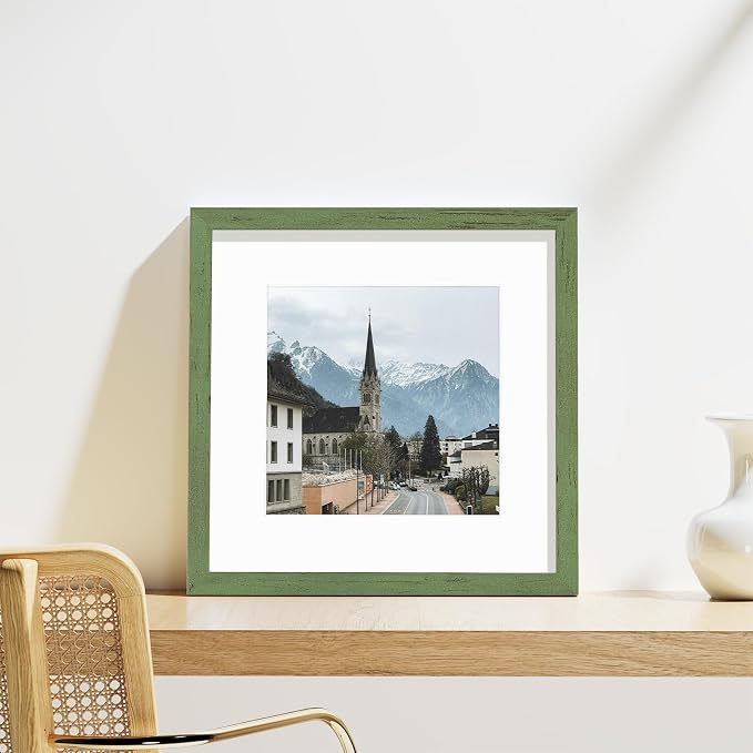 Vittanly 12x12 Picture Frames Set of 9 for Wall Mounting, Rustic Green | Display Pictures 8x8 with Mat or 12x12 without Mat for Wall Mounting, Square Photo Frames for Home Decor, Engineered Wood