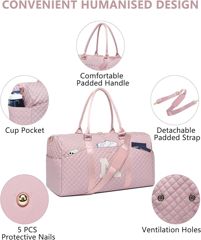Women Weekender Travel Duffle Bag: Initial Duffel Overnight Bags with Shoe Compartment Large Carry on Tote with Toiletry Bag Weekend Traveling Yoga Gym Hospital Bag for Women with Wet Pocket Letter M