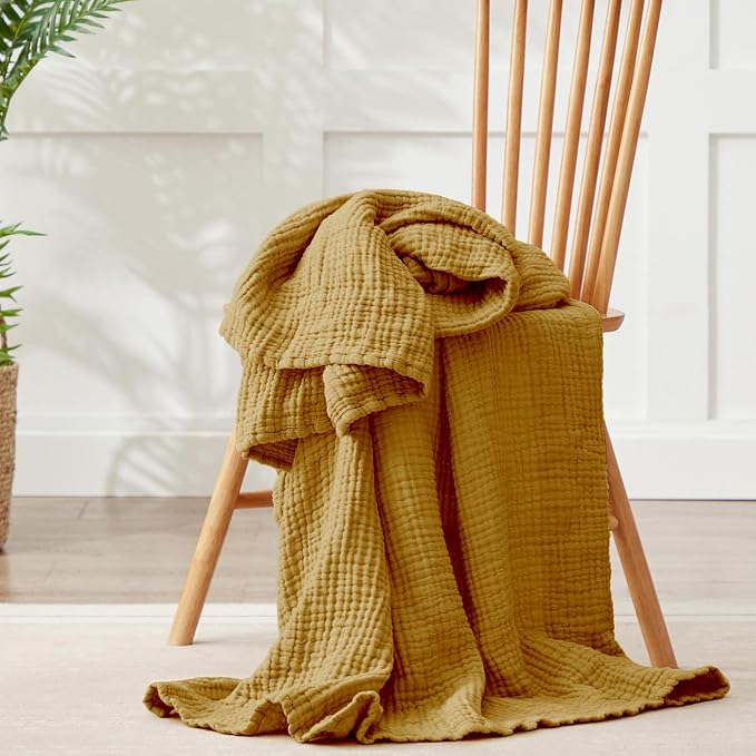 100% Cotton Muslin Blanket California King 120" x 90", 6 Layers Breathable and Lightweight Oversized Blankets for Bed, Soft Cooling Gauze Blanket for Adults All Season, Camel
