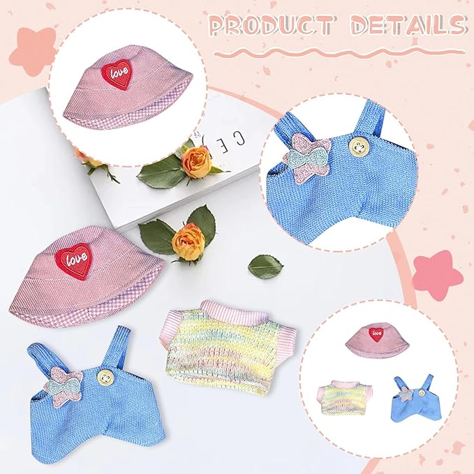 Clothes for LABUBU, Hat & Overalls Set for 17/15cm Accessories Suit, Cute Clothes for Dress up Unique Style (Pink Love Heart)