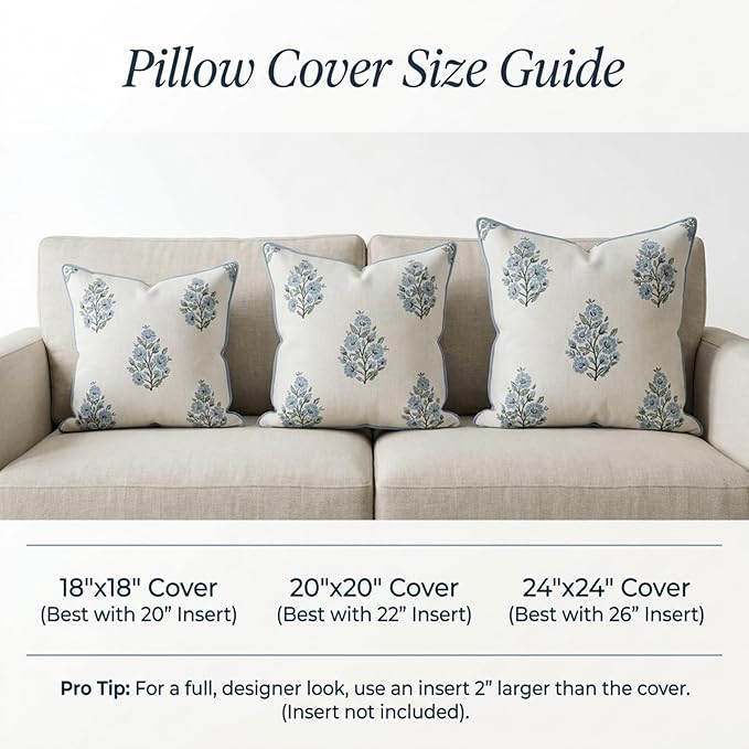 “The Camille” Floral Block Print Pillow Cover – Soft Blue and White Decorative Throw Pillow Cover – Grandmillennial Home Decor, 20" x 20"
