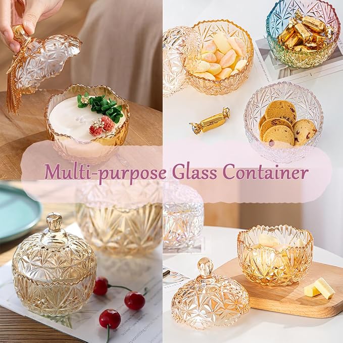 Body Powder Puff with 4“ Crystal Glass Storage Jar Including 1 Pink Puff and 1 Skin-Tone Puff Suitable for Loose Powder Soft Washable Reusable Fluffy Puff Perfect for Skincare(Crown-Amber)