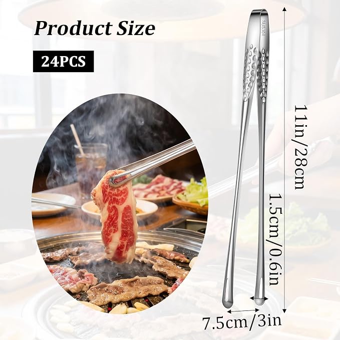 24 Pcs 11 Inches Stainless Steel Korean BBQ Grill Tongs Japanese Barbecue Tongs for Cooking Portable Kitchenware Home Outdoor Steak Salad Food