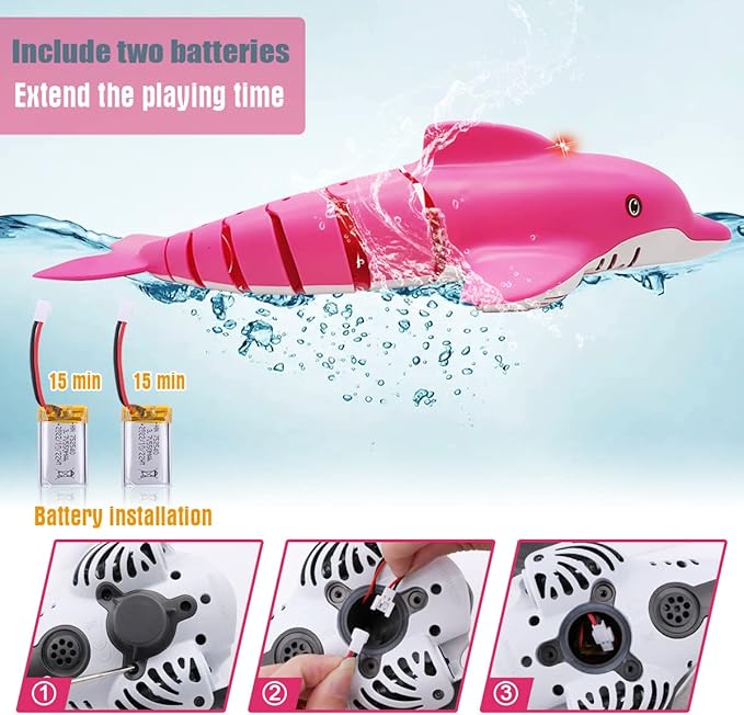 Pink Remote Control Dolphin Toy 2.4G High Simulation Cartoon Dolphin Remote Control for Swimming Pool Bathroom Great Gift RC Boat Shark Toys for 6+ Year Old Boys and Girls (with 2 Batteries)