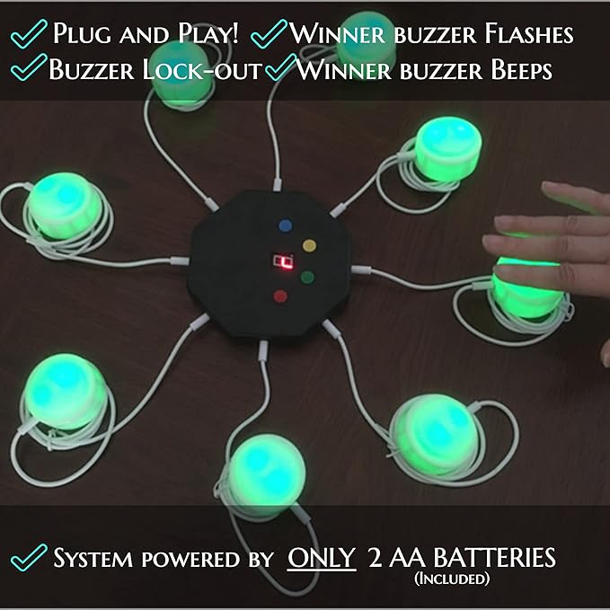 Trebisky Buzzer for Game Show, Educational and Classroom Quiz, Family Games Night, Jeopardy Trivia, Set of 8 LED Light Answer Buzzers, System w/ 3ft Cables(System 2nd Gen)