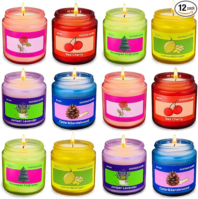 12 Pack Candles Colored Frosted Jar Aromatherapy Candle Gifts for Women, Natural Soy Wax Candle Set, Scented Candles Set for Birthday Valentine Mother's Christmas Day Present