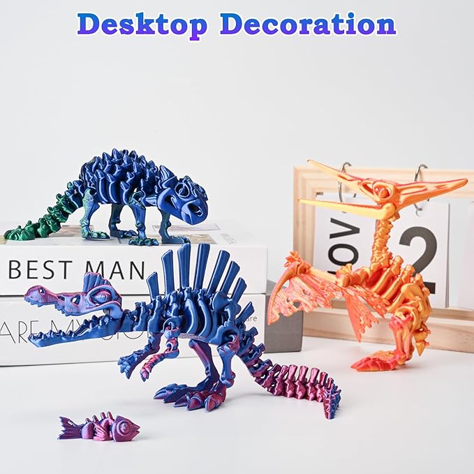 3PCS 3D Printed Dinosaur Skeletons, 3D Printed Dragon Animals Toys, Spinosaurus Pterosaur Ankylosaurus Fidget Toys Desk, Poseable with Articulated Joints, Home Decor, Stress Relief Toy (Dinosaur-B)
