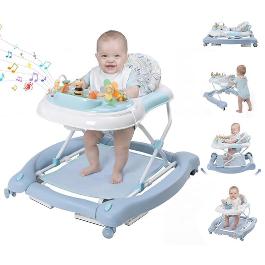 5 in 1 Baby Walker, Music and Lights Foldable Baby Walker with Wheels, 3 Adjustable Heights, with Bouncer Combo, Rocker, Activity Walker for Baby Boy and Girl 6-18 Months (Blue)