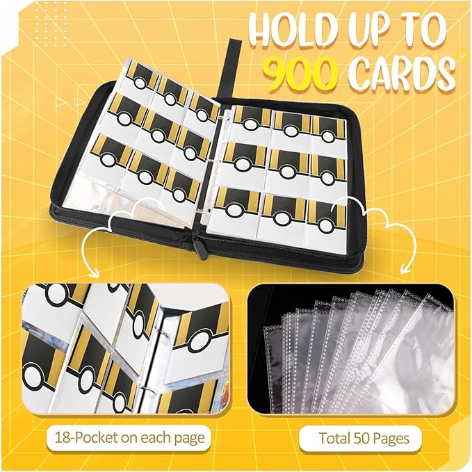 900 - Pockets Trading Card Binder with Removable 50 Sleeves, Card Collector Album with Zipper, Portable Card Holder Book Fits Sports Card, Game Card - Black