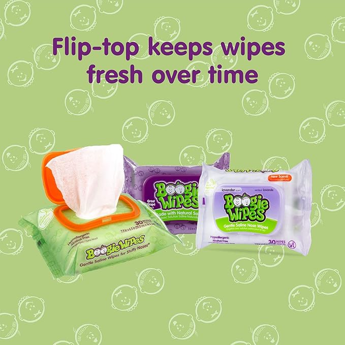 Saline Nose Wipes by Boogie, for Baby & Kids, Face, Hand & Body, Made with Vitamin E, Aloe, and Natural Saline, Grape Scent, 30 Count (Pack of 6)