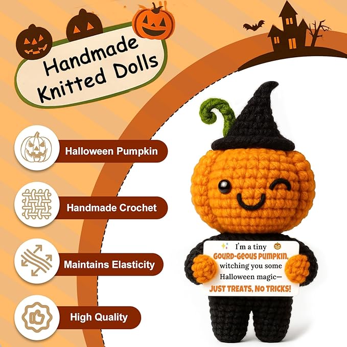 MAMAGIFTREE Halloween Crochet Pumpkin Witch Plush - Amigurumi Tiered Tray Decor - Spooky Cute Gothic Home Decor & Witchy Gifts - Handmade Fall Pumpkin Figurine