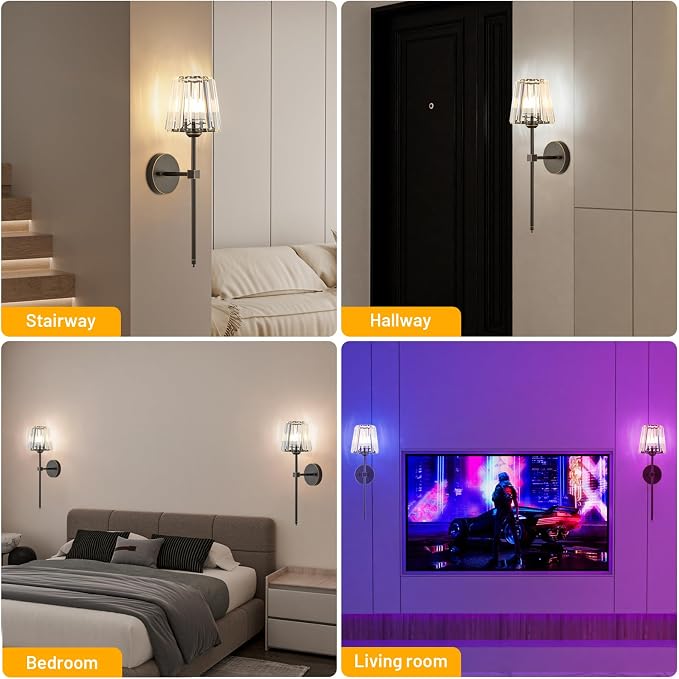 Crystal Battery Operated Wall Sconces Set of 2, Brown and Gold Rechargeable Wireless Wall Lights with Crystal Lampshade, 12 RGB and 3CCT Dimmable Wall Lamps with Remote for Bedroom Living Room Hallway