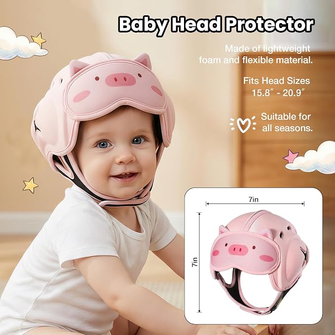 Baby Head Protector Baby Helmet for Crawling and Walking - No Bumps and Soft Safety Peak - Ultra Light and Adjustable Baby Head Protector Suitable for Babies 6-24 Months-Pink Piggy