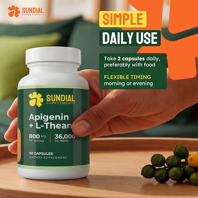 Apigenin 200 mg + L-Theanine 600 mg - Adult Daily Supplement (90 Capsules, 45 Servings)