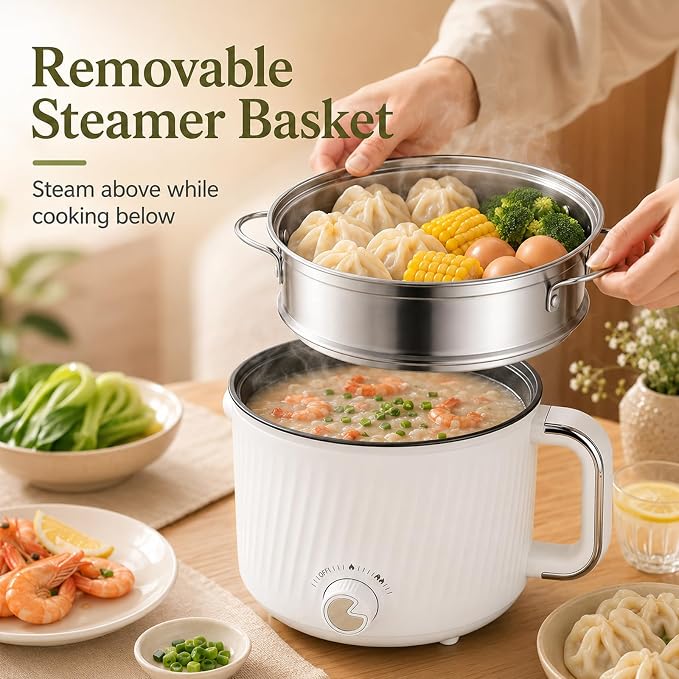 1.6L Nonstick Personal Electric Hot Pot with Steamer Basket & Clear Glass Lid, 300W/600W Electric Ramen Cooker for Dorms, Apartments & Offices, Noodles, Soup, Oatmeal, Pasta, Shabu-Shabu & Boiled Eggs