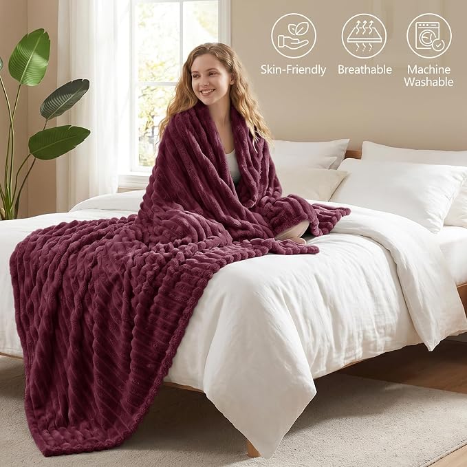 Burgundy Red Twin Blanket for Bed & Couch, 60 x 80 Inch | 300GSM Ribbed Fleece Blanket, Soft, Cozy & Lightweight, OEKO-TEX Certified, All-Season Use for Travel, Dorm & Home Decor